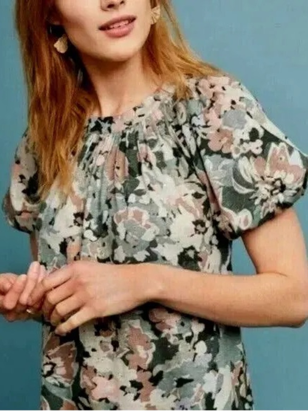 Maeve by Anthropologie Floral Puff Sleeve 100% Linen Knit Top - Size S